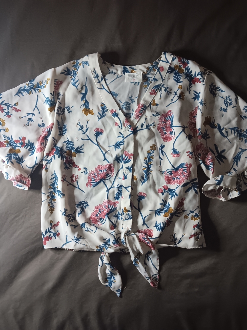 Sienna Sky White Floral Tie-Front V-Neck Blouse with Pink & Blue Print